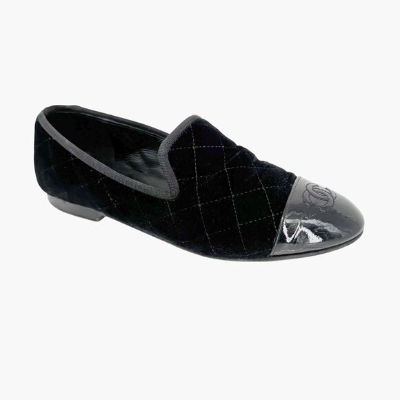 Chanel CC Cap Toe Quilted Loafers Size 37.5 US 6.5-7 Black Velvet Flat Slipper - Picture 8 of 14
